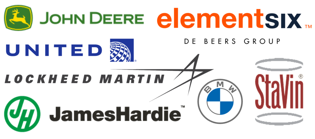Technology: Continental Airlines, Element Six/De Beers, Lockheed Martin, James Hardie, John Deere.